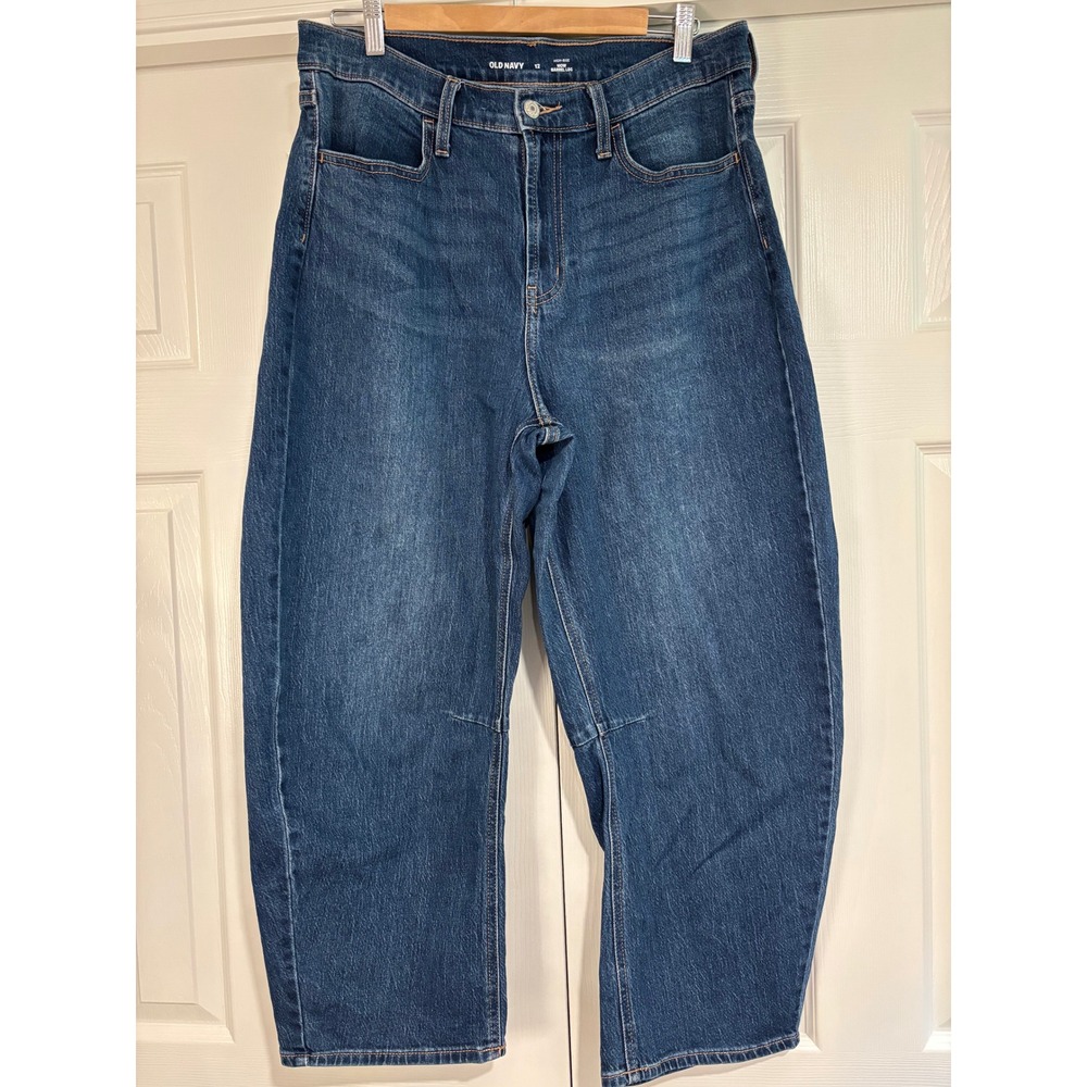 Old Navy Wow Barrel Leg Jeans High Rise Blue Stretch Denim Size 12 Indigo